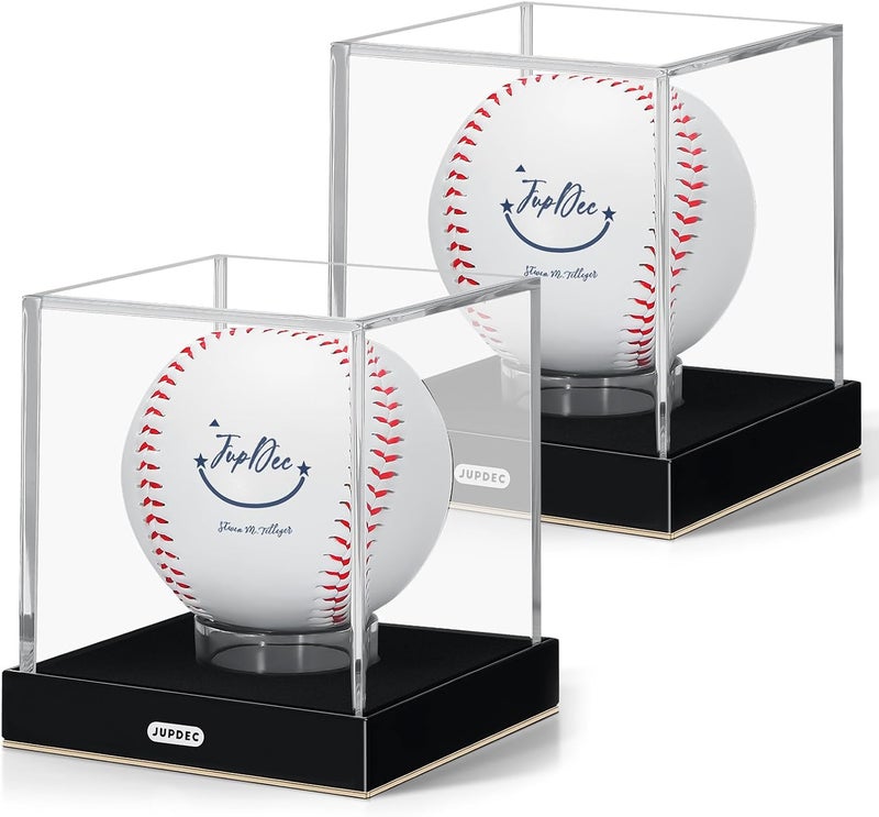 JupDec Baseball Display Case, Clear Acrylic Cube Baseball Holder with Durable Base, UV Protected Autograph Stand Box for Single Ball, Ideal Gift for Collector & Sports Enthusiast, Gold, 2 Pack - Image 1